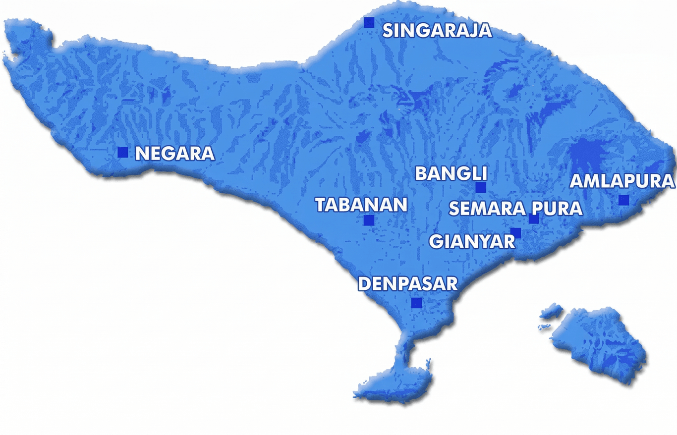 Map of Bali. The island of Bali lies in the Indian Ocean, 5,000 km², 3,000,000 inhabitants.