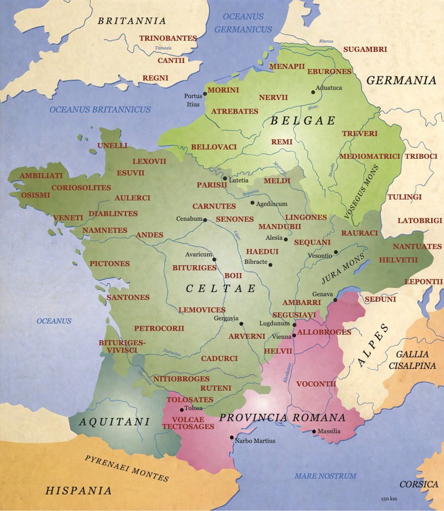 This map shows the description given by Caesar and quoted above: Belgae, Aquitani, Celts (Gauls).