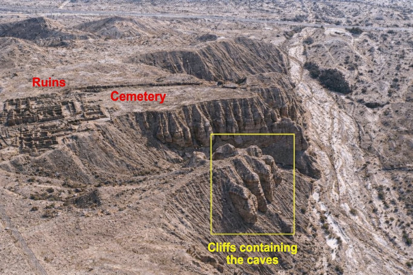 General view of the site of Qumran with, in the foreground, the cliffs in whose sides the caves containing part of the manuscripts were discovered.