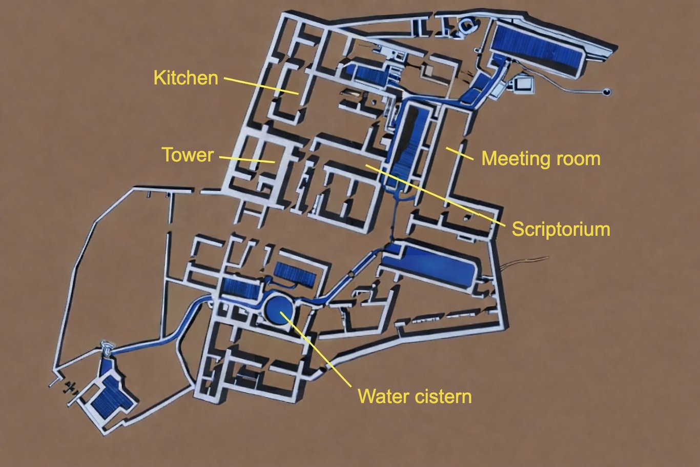 Plan of the site of Qumran, which could not have housed more than 50 people. No path was ever found between the ruins and the caves that would suggest the caves were used as a place for work or meditation.