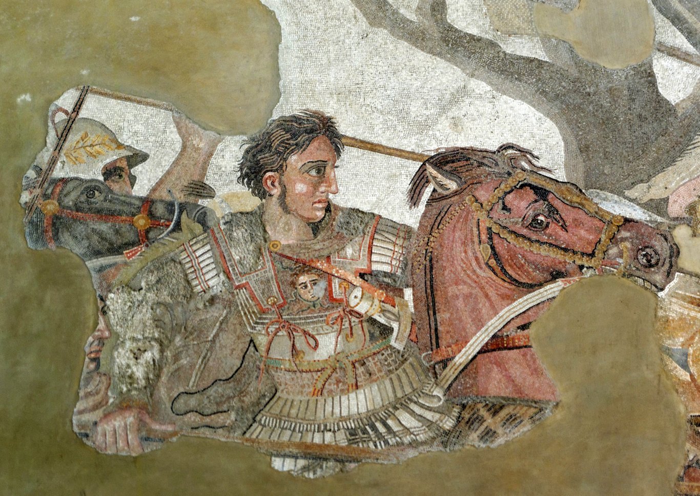 Roman mosaic from the floor of the House of the Faun in Pompeii, based on a painting by the Greek artist Philoxenos of Eretria, The Battle of Alexander, 3rd century BC. It depicts the Battle of Issus (333 BC), in which Alexander the Great, shown in this detail, won a decisive victory over the Persian king Darius III.
Mosaic, 313 × 582 cm for the whole work. National Archaeological Museum, Naples.