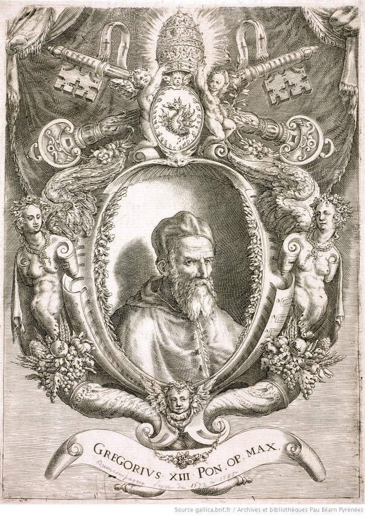 Pope Gregory XIII (1502-1585), whose pontificate lasted from 1572 to 1585. Engraving by Cherubino ALBERTI, 1585.