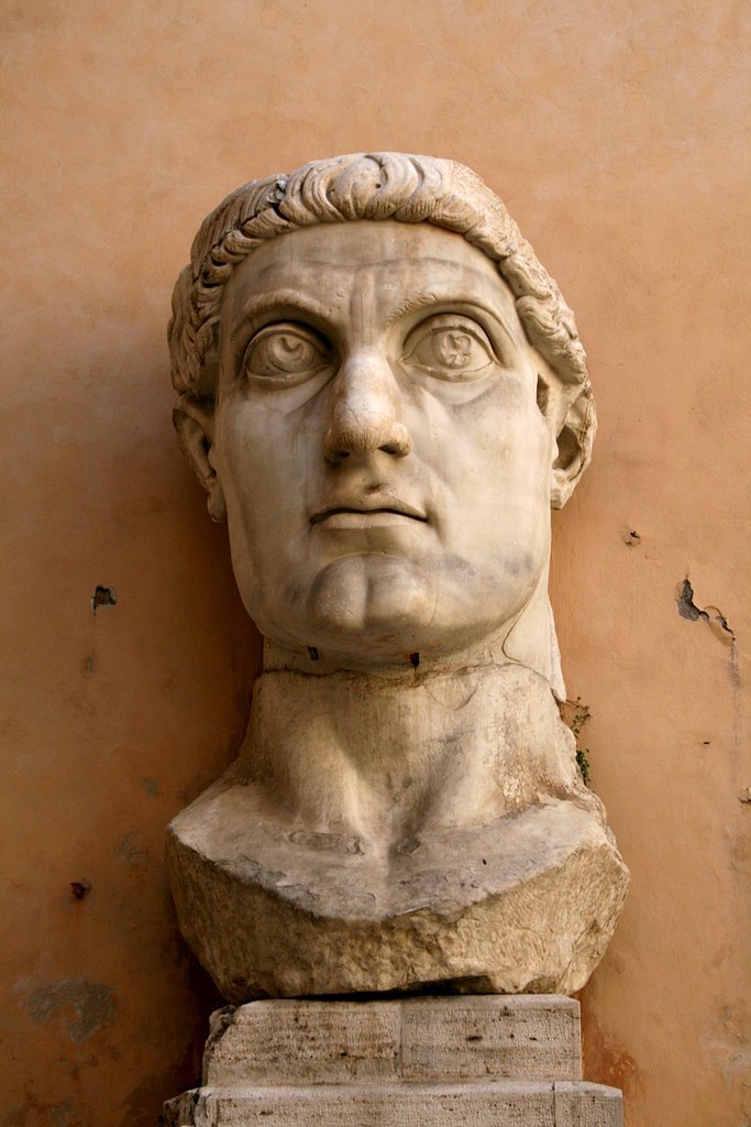 Head of the Colossus of Constantine; this part measures 2.60 meters high. The complete colossus must have been about 12 meters high.
 - Marble, Roman work, AD 312-315.