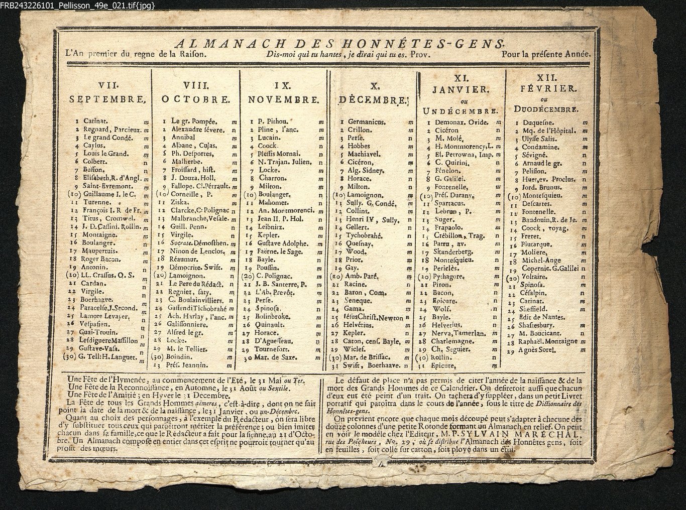 The almanac of honest folk, first year of the reign of Reason, September to February.