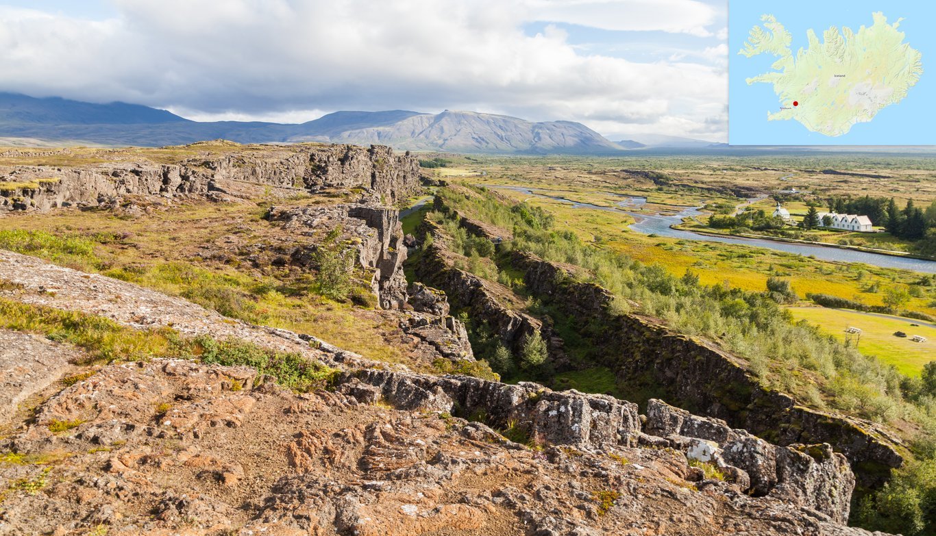 The site of Thingvellir, where the first open-air "parliament" in Europe, the Althing, met. It was also on this site that Iceland's independence was proclaimed on 17 June 1944.