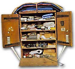 Inside a pack arranged like a traveling shop