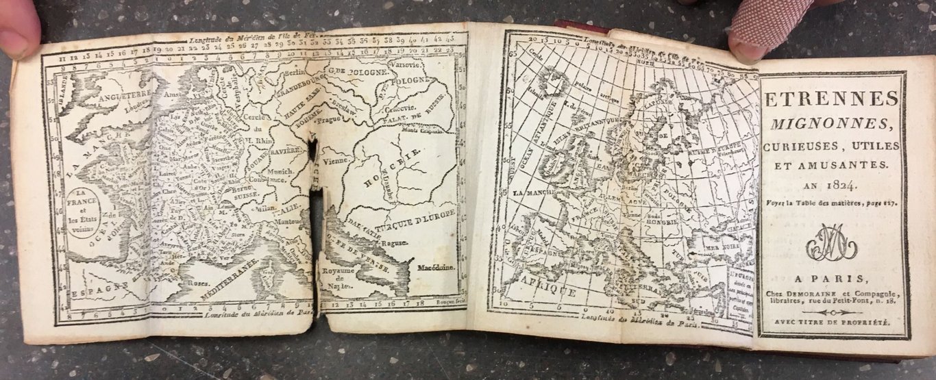 Map of France and Europe with the étrennes mignonnes, curieuses, utiles et amusantes of 1824
