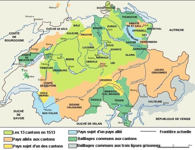 Map of the Confederation of the Thirteen Cantons in the 16th century