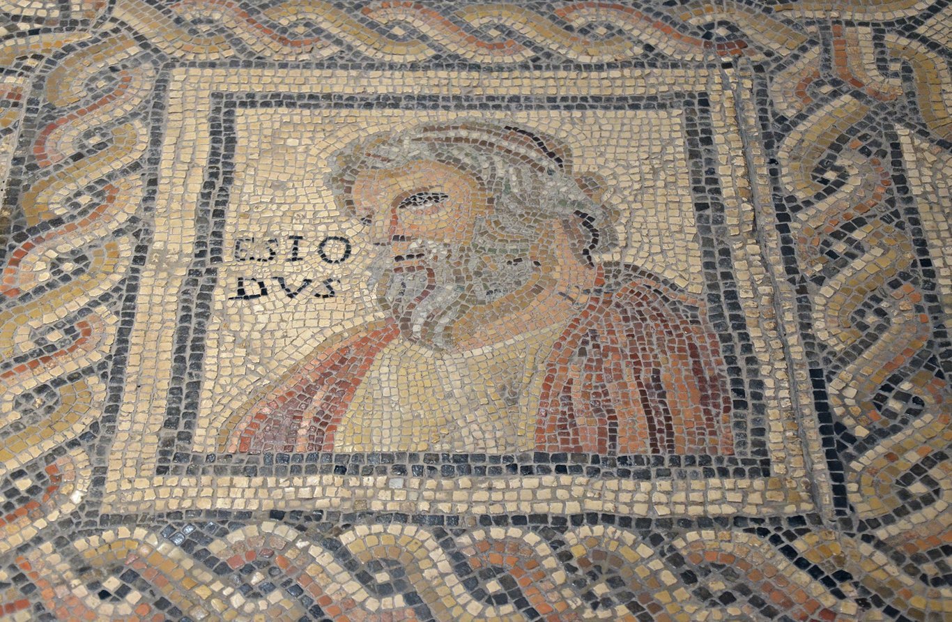 Mosaic from the 3rd century AD, discovered at Augusta Treverorum (Trier, Germany). The word Esiodus can be seen on it.
