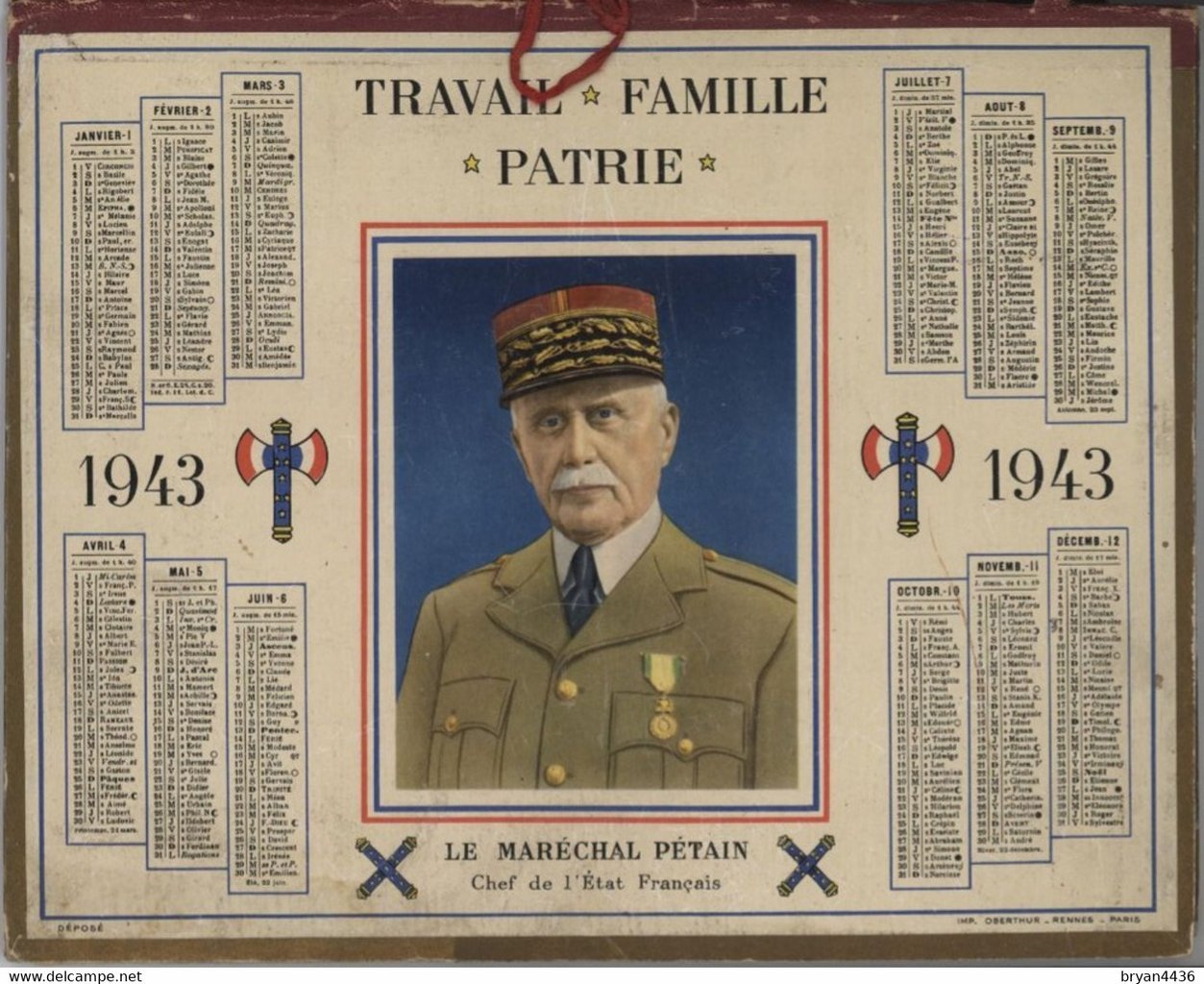 1943 calendar bearing the likeness of Marshal Pétain