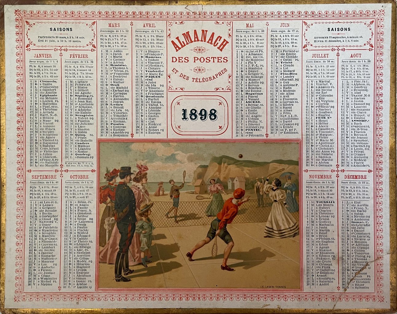 1898 postal almanac, front: Lawn Tennis