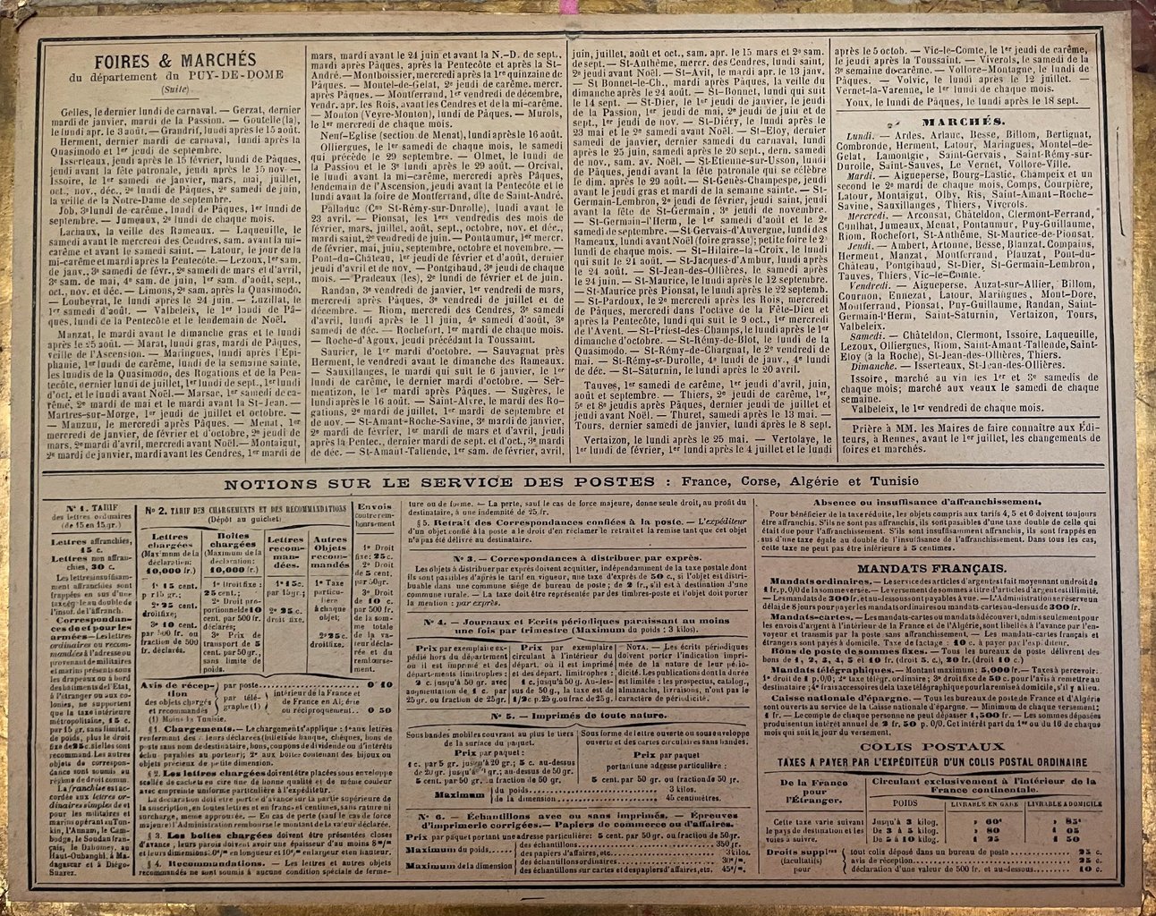 1898 postal almanac, back, fairs and markets in the department of Puy-de-Dôme