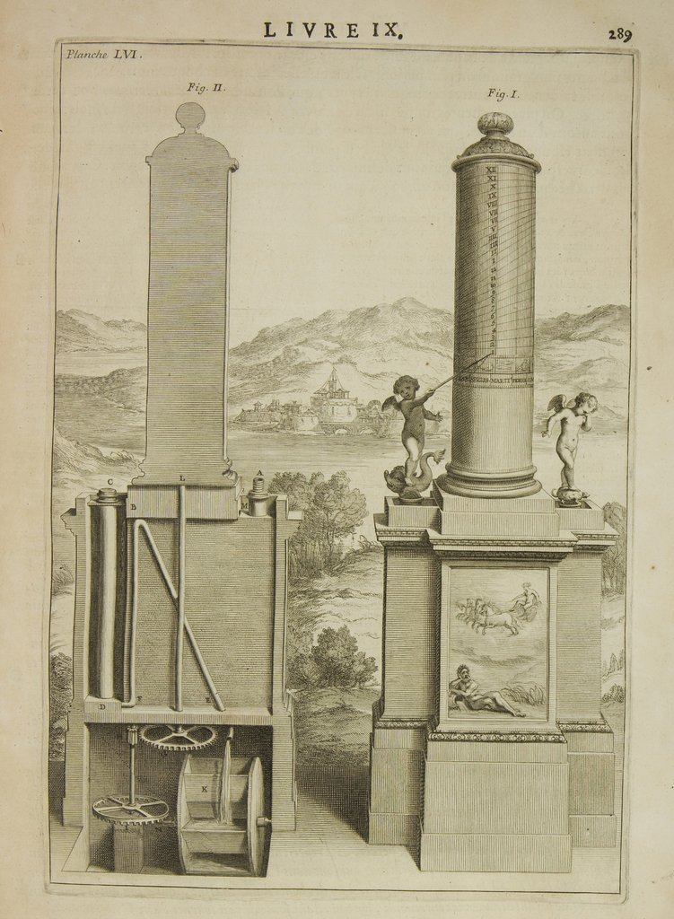 Hydraulic clock of Ctesibius, from Vitruvius's work The Ten Books on Architecture, second edition, library of the Werner Oechslin Foundation, Einsiedeln