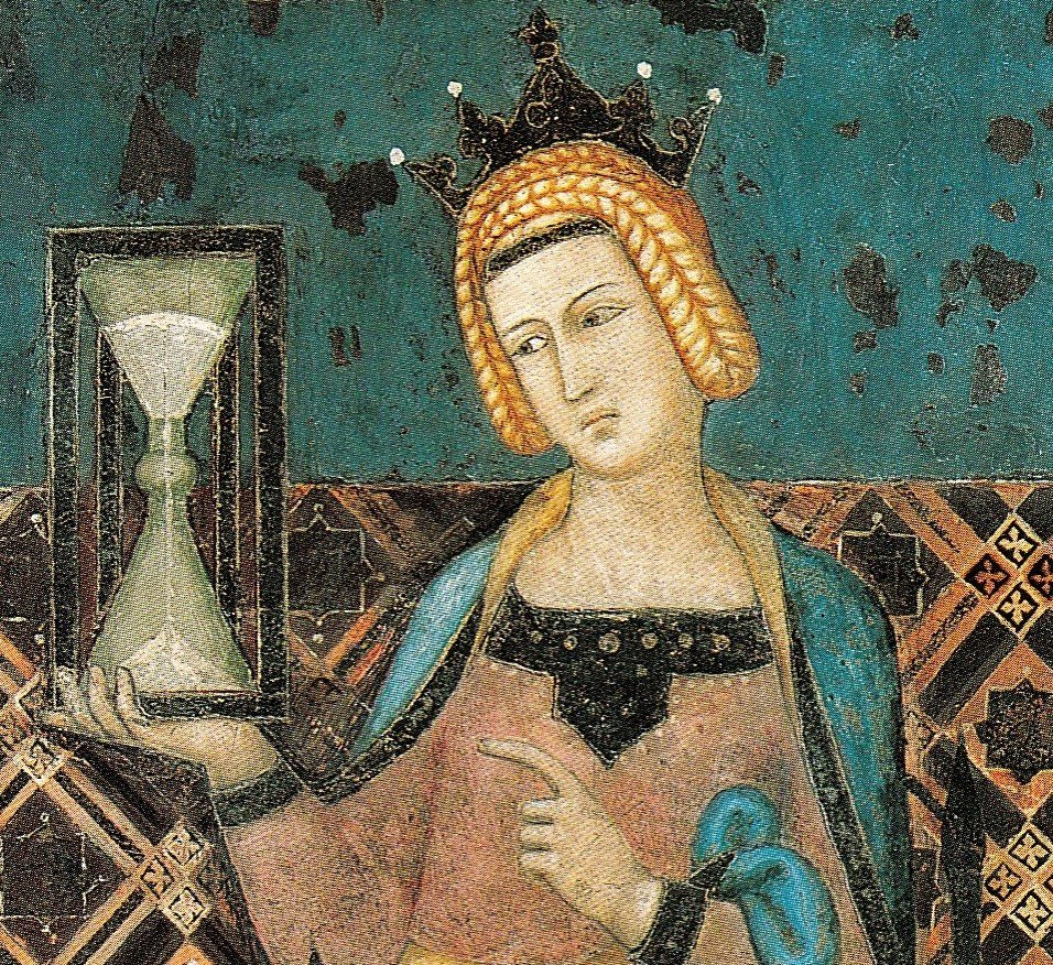 Part of the fresco painted by Ambrogio Lorenzetti in the Palazzo Pubblico in Siena, dated 1338. One of the figures can be seen holding an hourglass, a symbol of temperance.