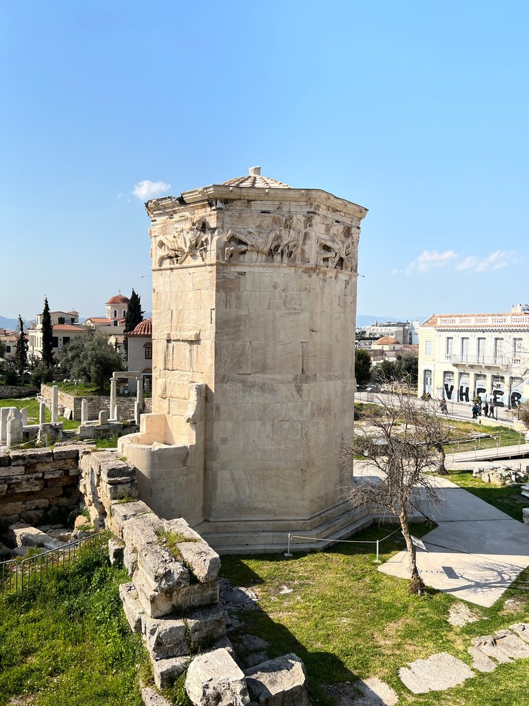 The Tower of the Winds in Athens, in 2022; the reservoir section can clearly be seen.