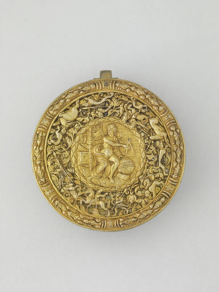Drum-shaped watch, steel and brass, partially openwork case, cast and chased, Germany, around 1550