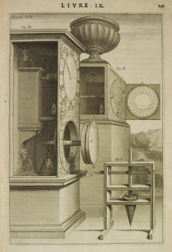 Bottom right, an instrument with two cones whose operation we have seen in the text of this study. The flow of water is regulated to give unequal hours. - 
In the background, an anaphoric clock in which the hours are shown on an analemma (the circle to the right of the clock), which is nothing more than a projection of the celestial sphere as on astrolabes. The flow of water is not regulated. - 
On the left, a tympanum clock in which the passage of water is regulated by turning the disc at the bottom each day (normally in the "pushed" position), made up of two plates of variable thickness. See the following photo for details of the system.