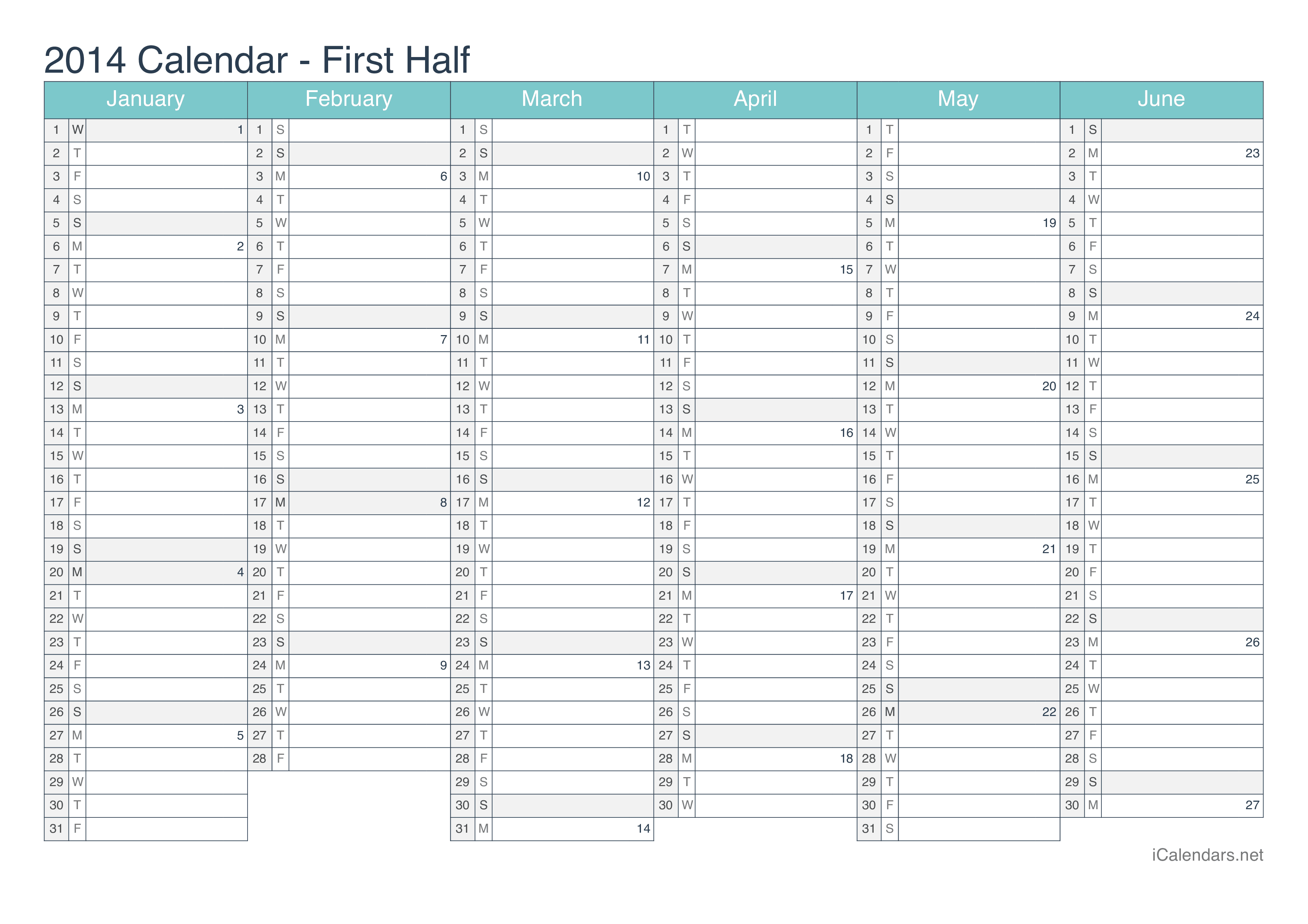 2014 Half year calendar with week numbers - Turquoise