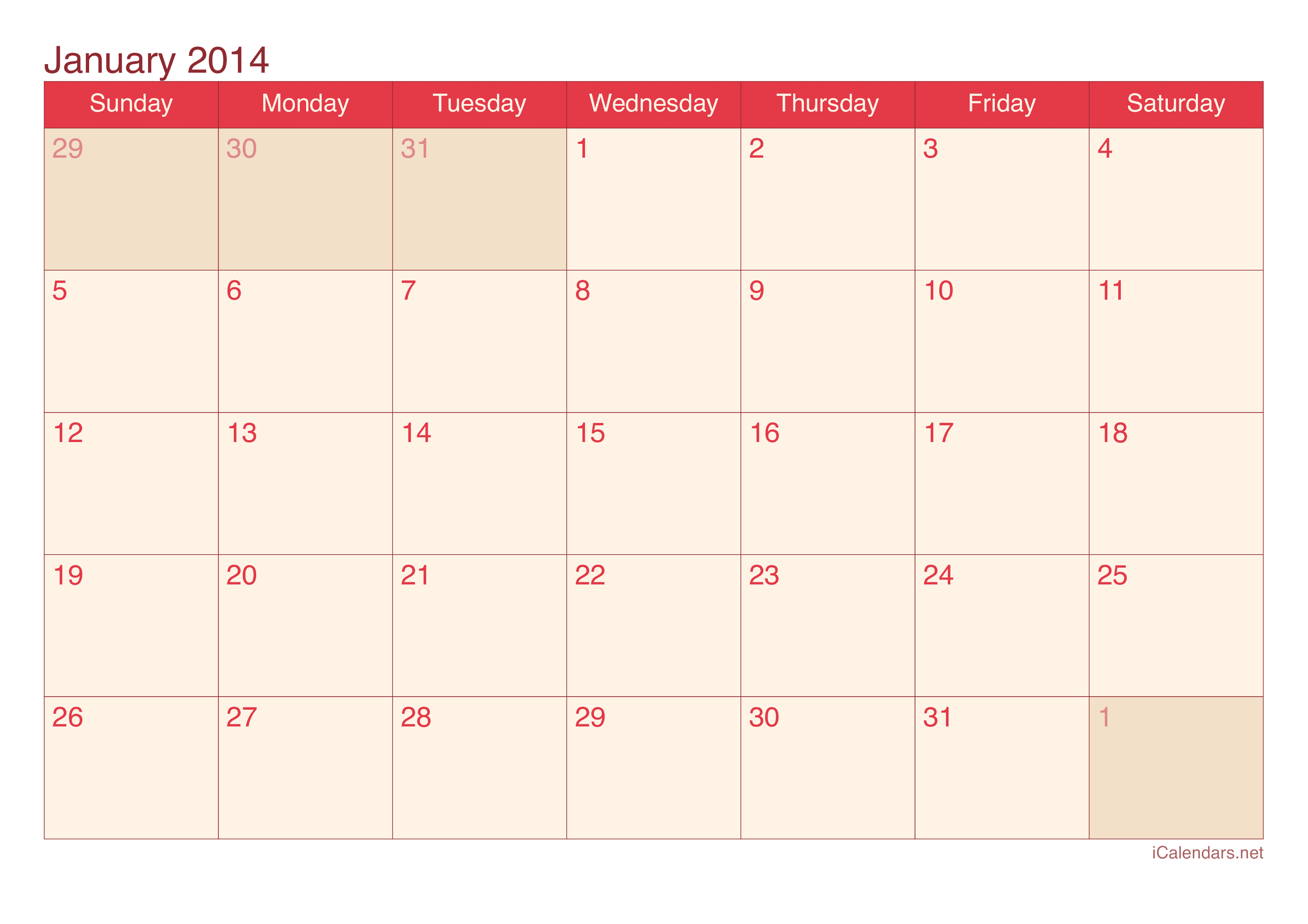 2014 Monthly Calendar - Cherry