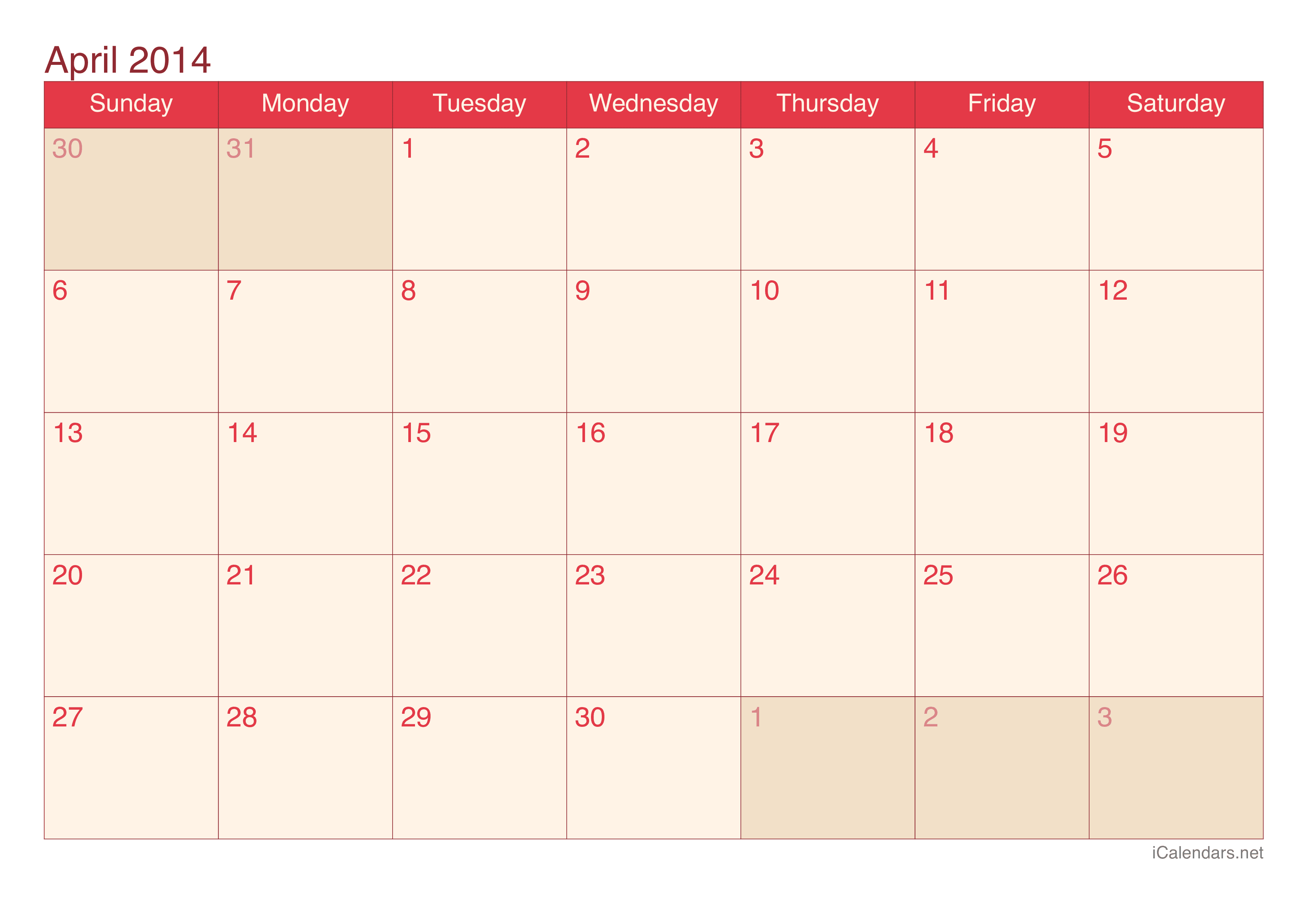 2014 April Calendar - Cherry