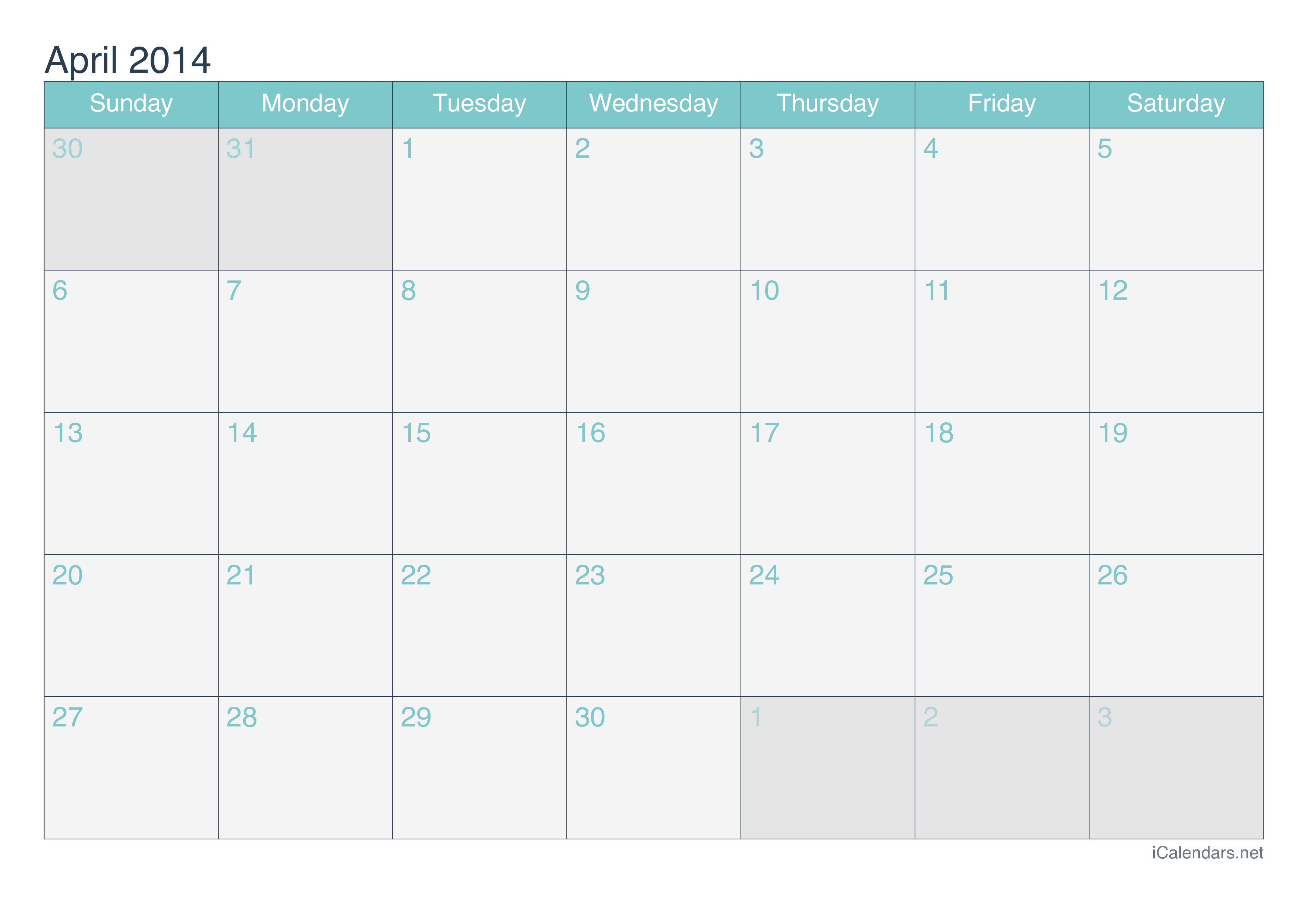 2014 April Calendar - Turquoise
