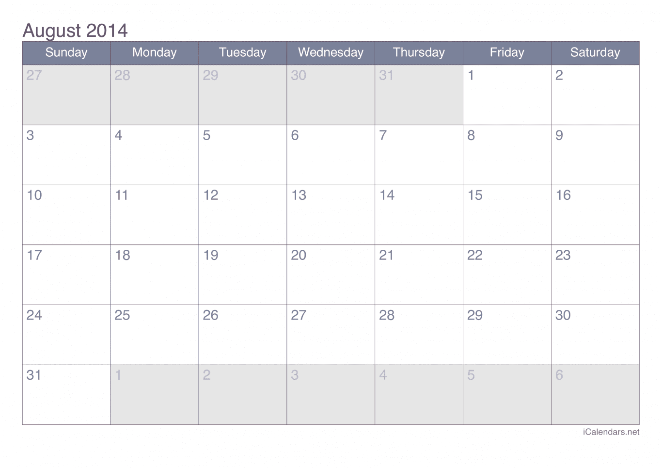 2014 August Calendar - Office