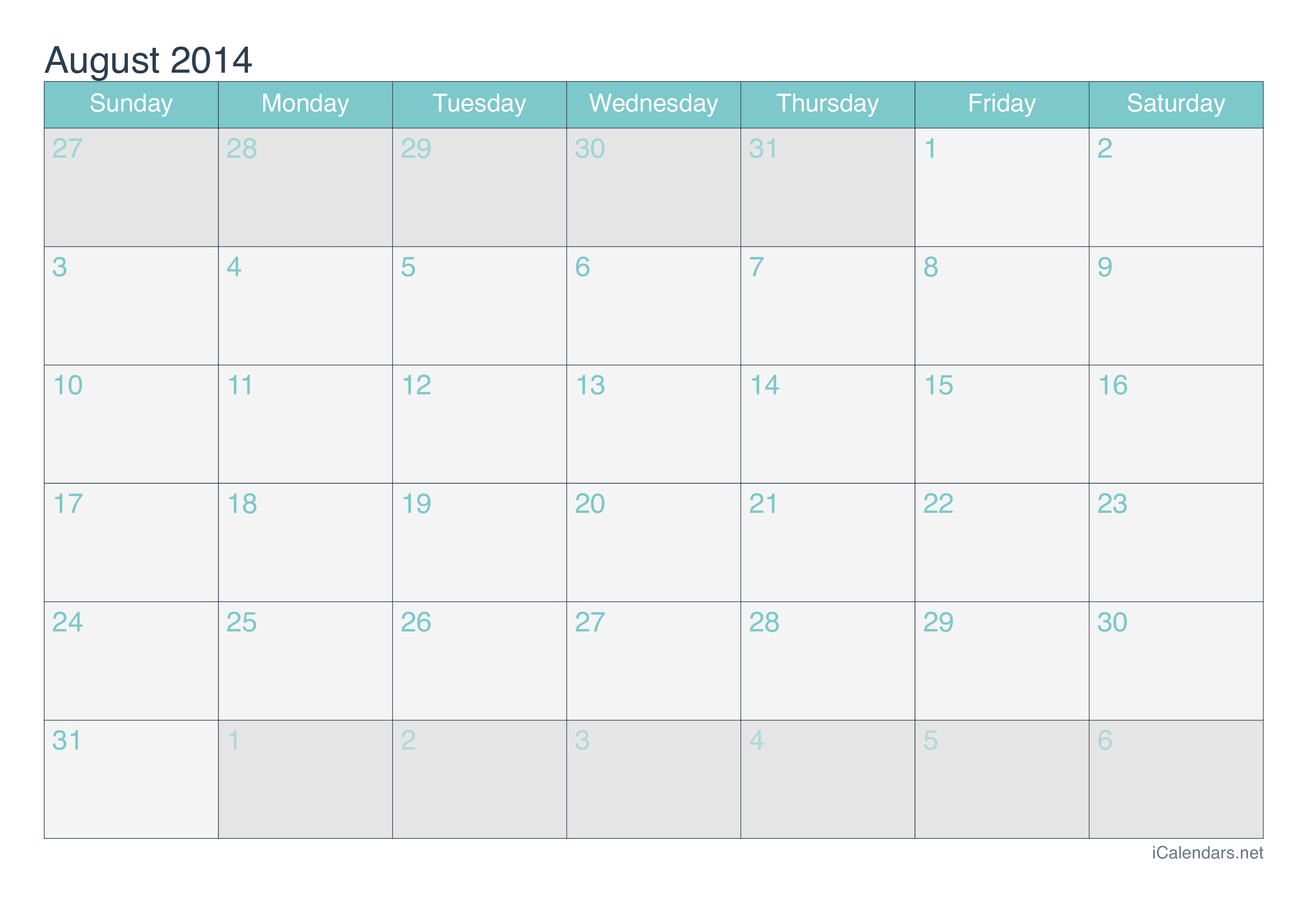 2014 August Calendar - Turquoise