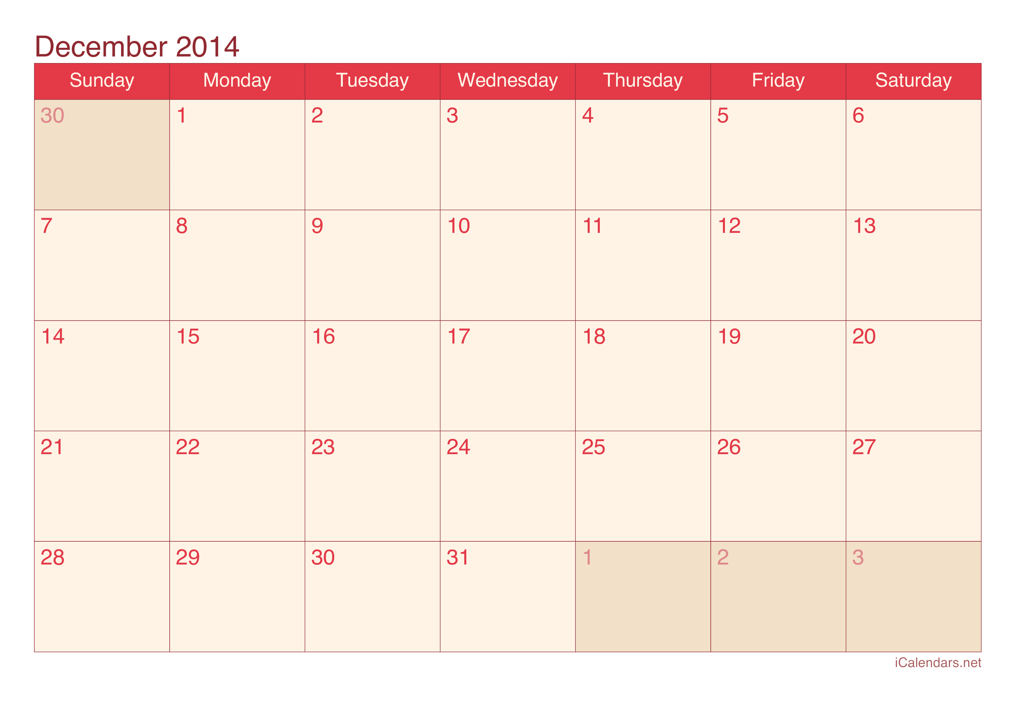 2014 December Calendar - Cherry