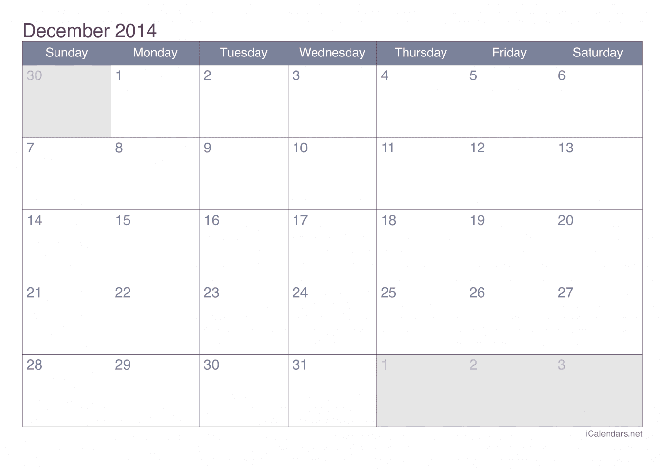 2014 December Calendar - Office