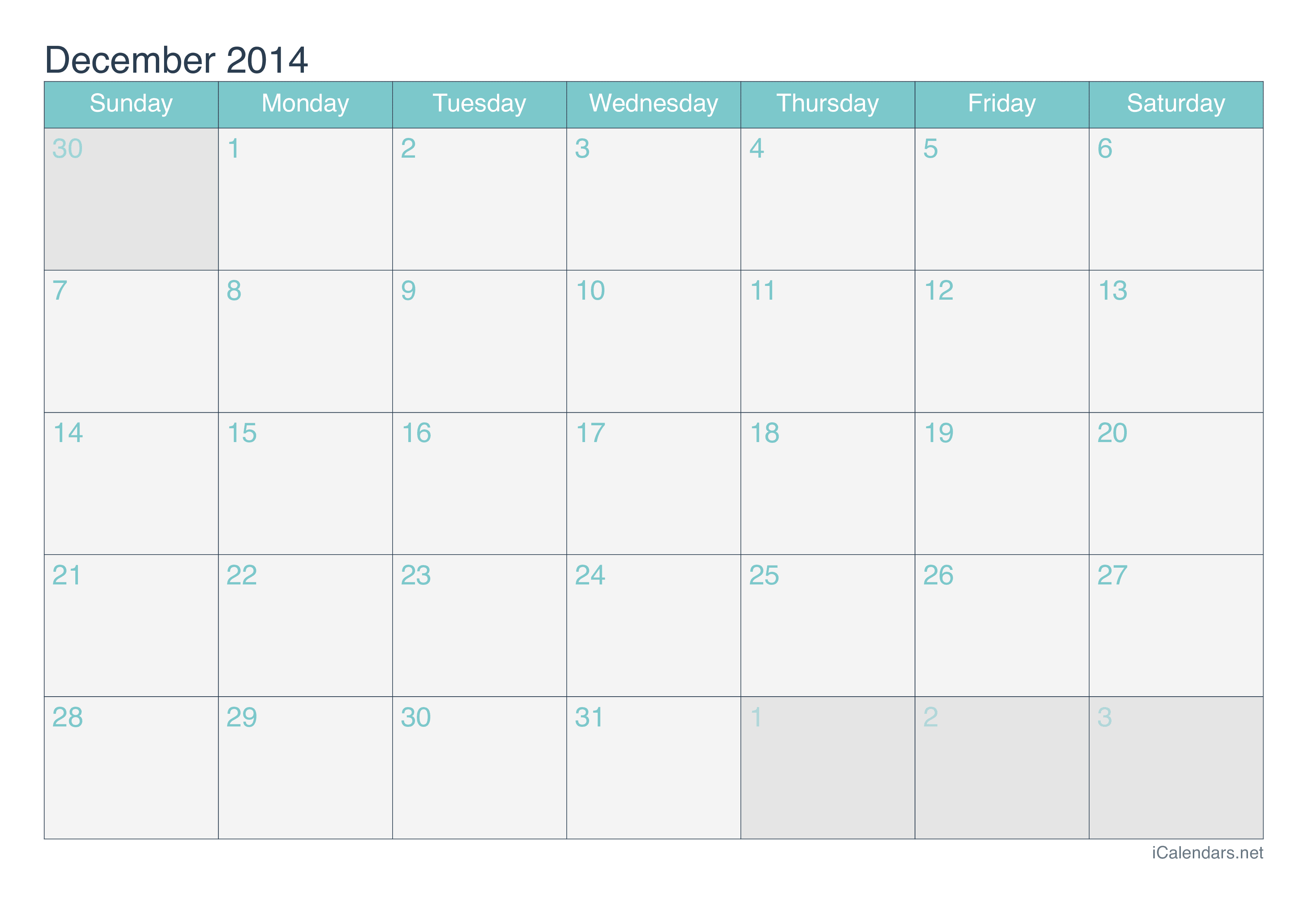2014 December Calendar - Turquoise