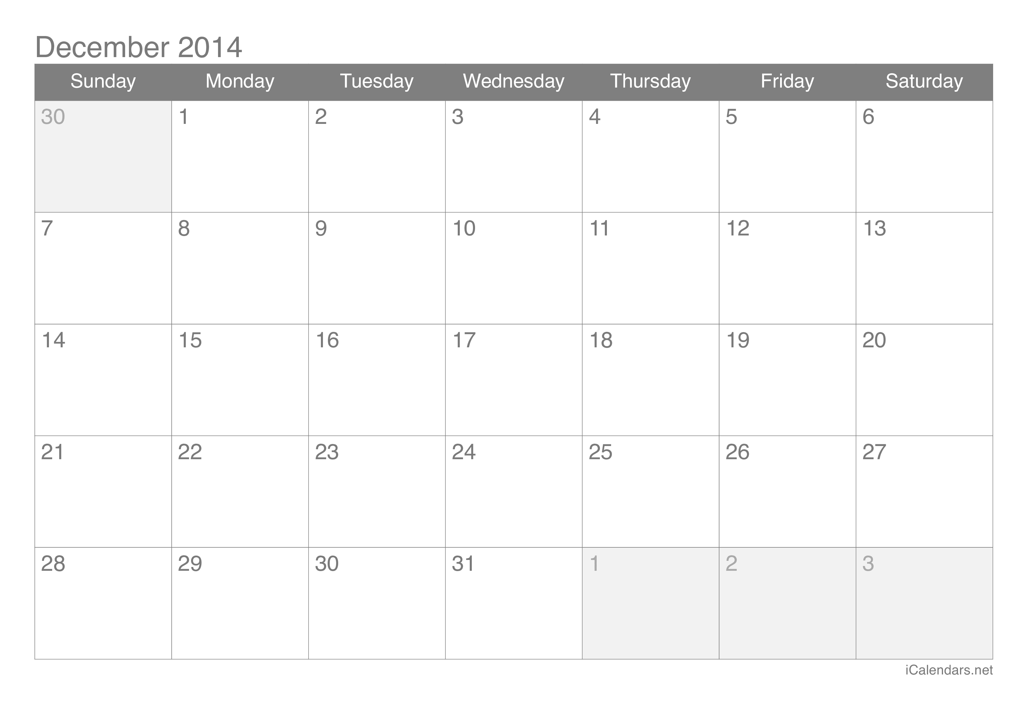 2014 December Calendar
