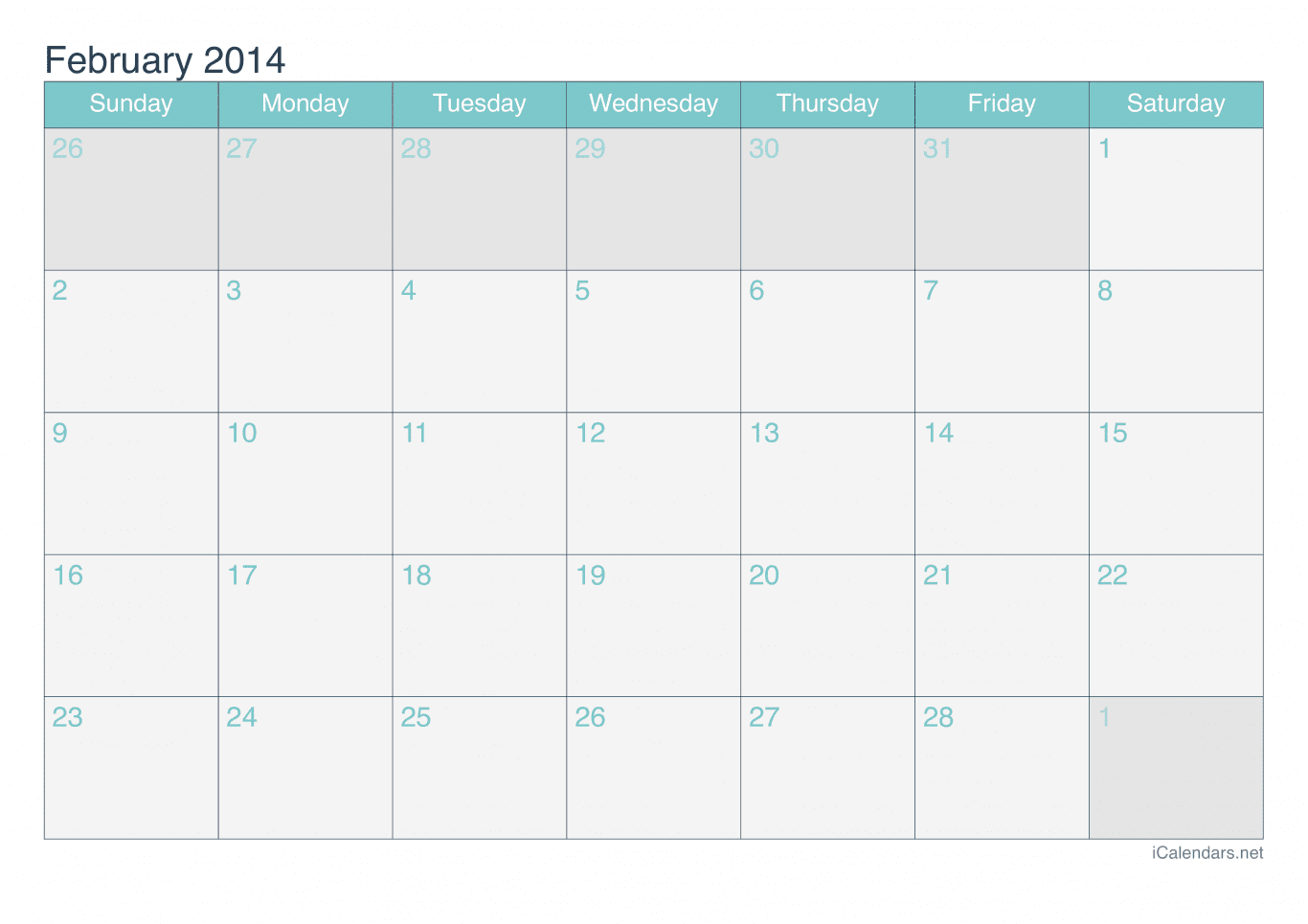 2014 February Calendar - Turquoise