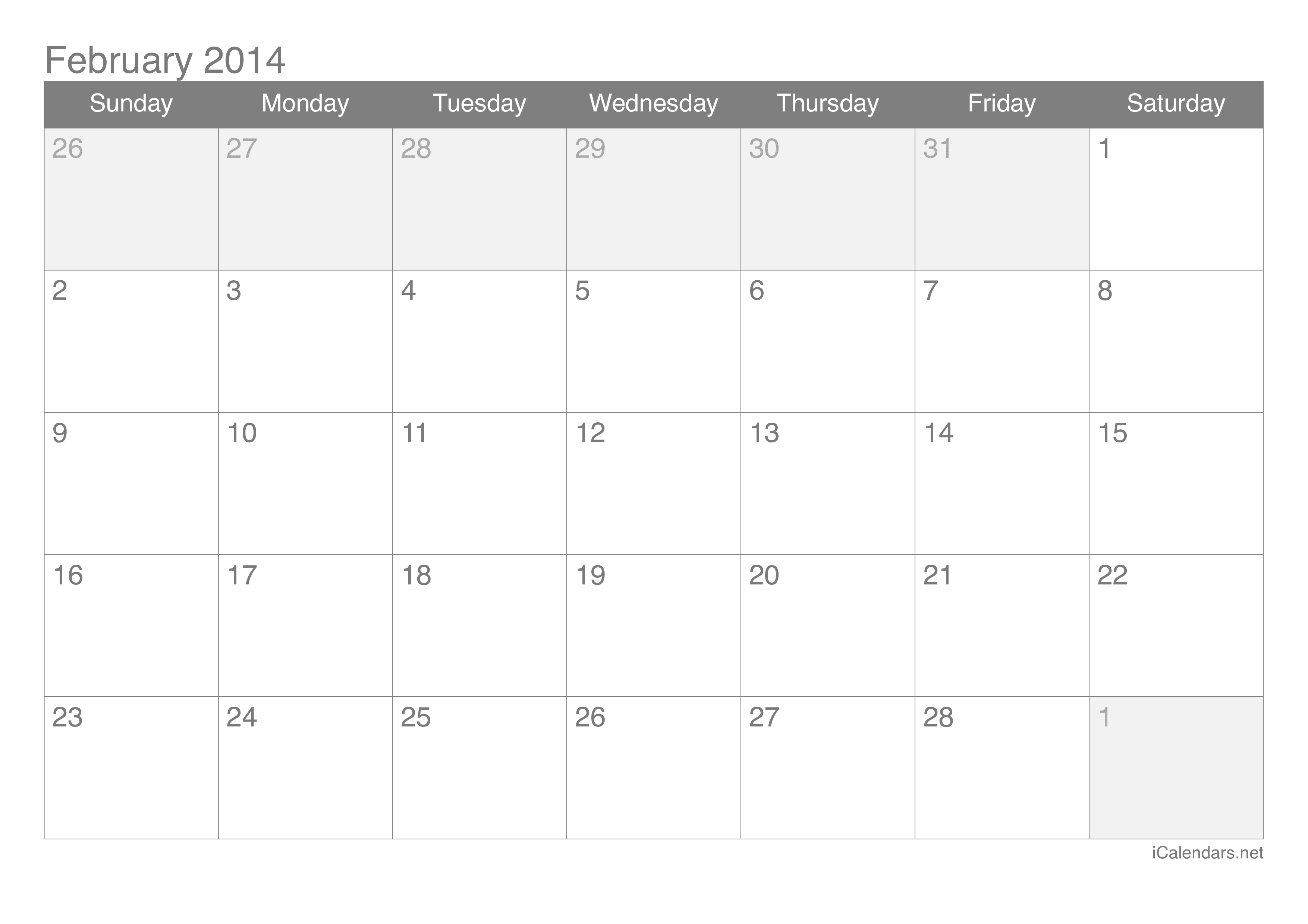 2014 February Calendar