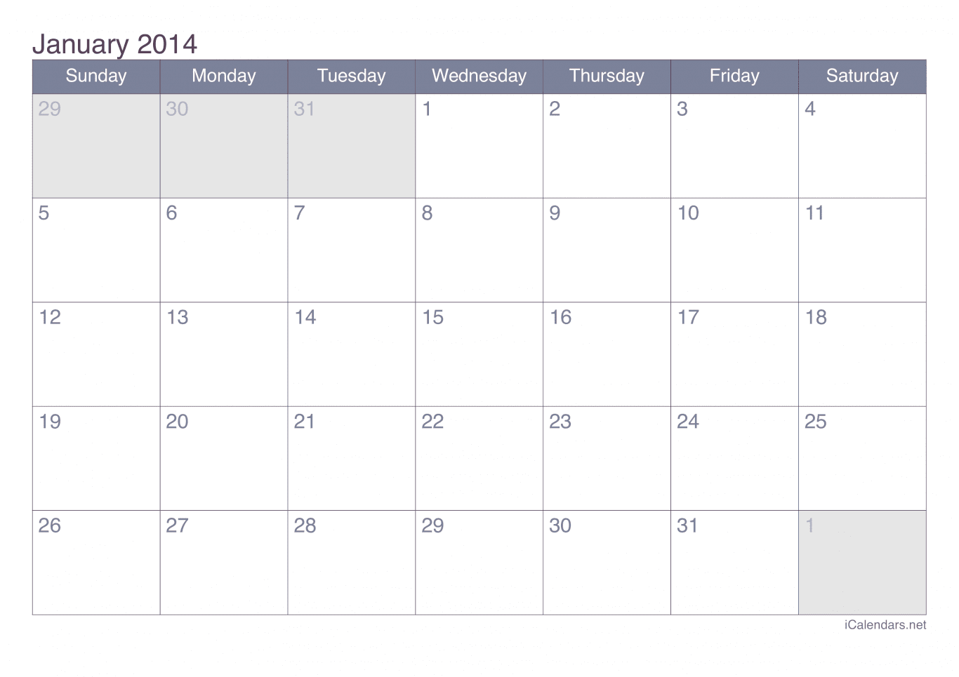 2014 January Calendar - Office
