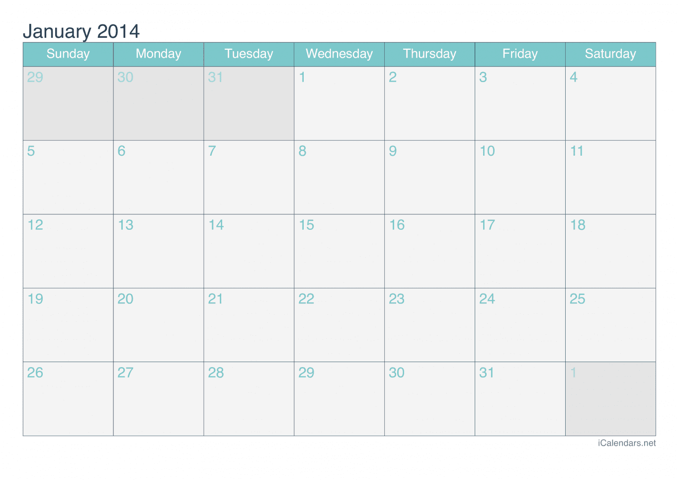 2014 January Calendar - Turquoise