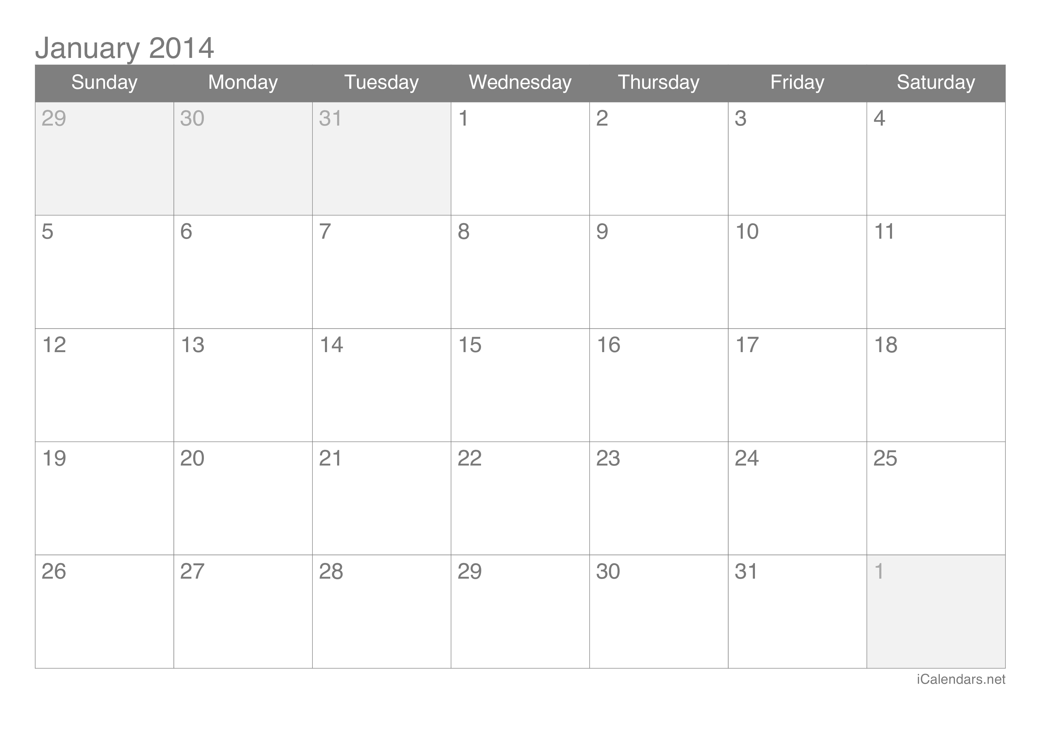 2014 January Calendar