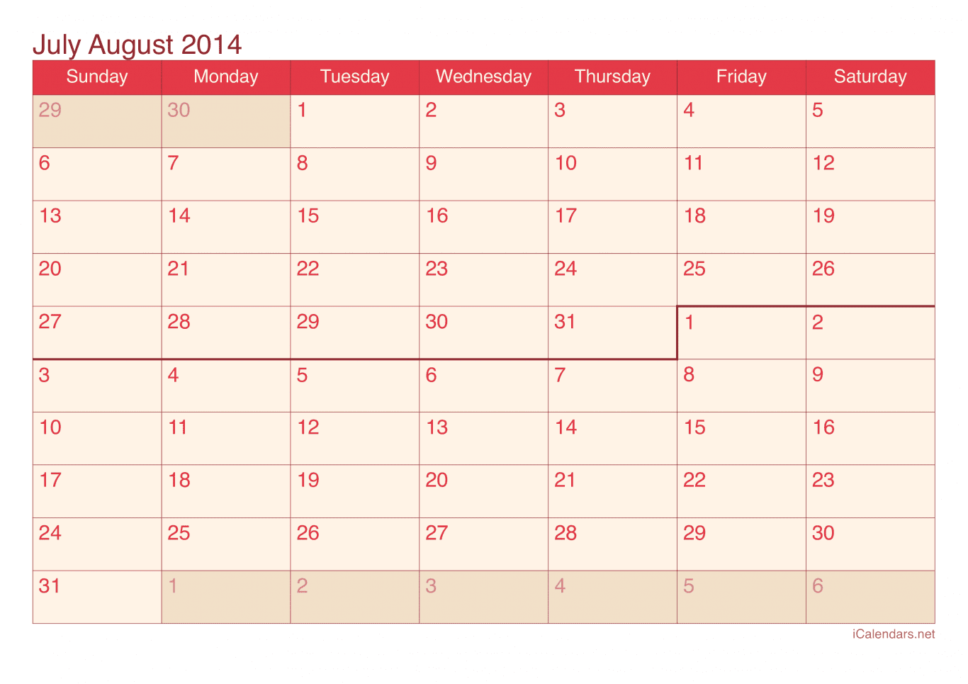 2014 July August Calendar - Cherry