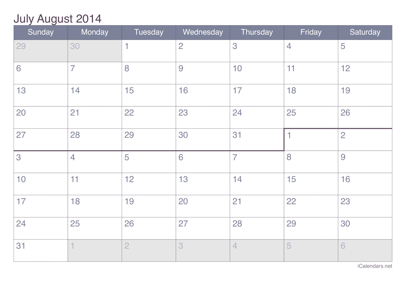2014 July August Calendar - Office