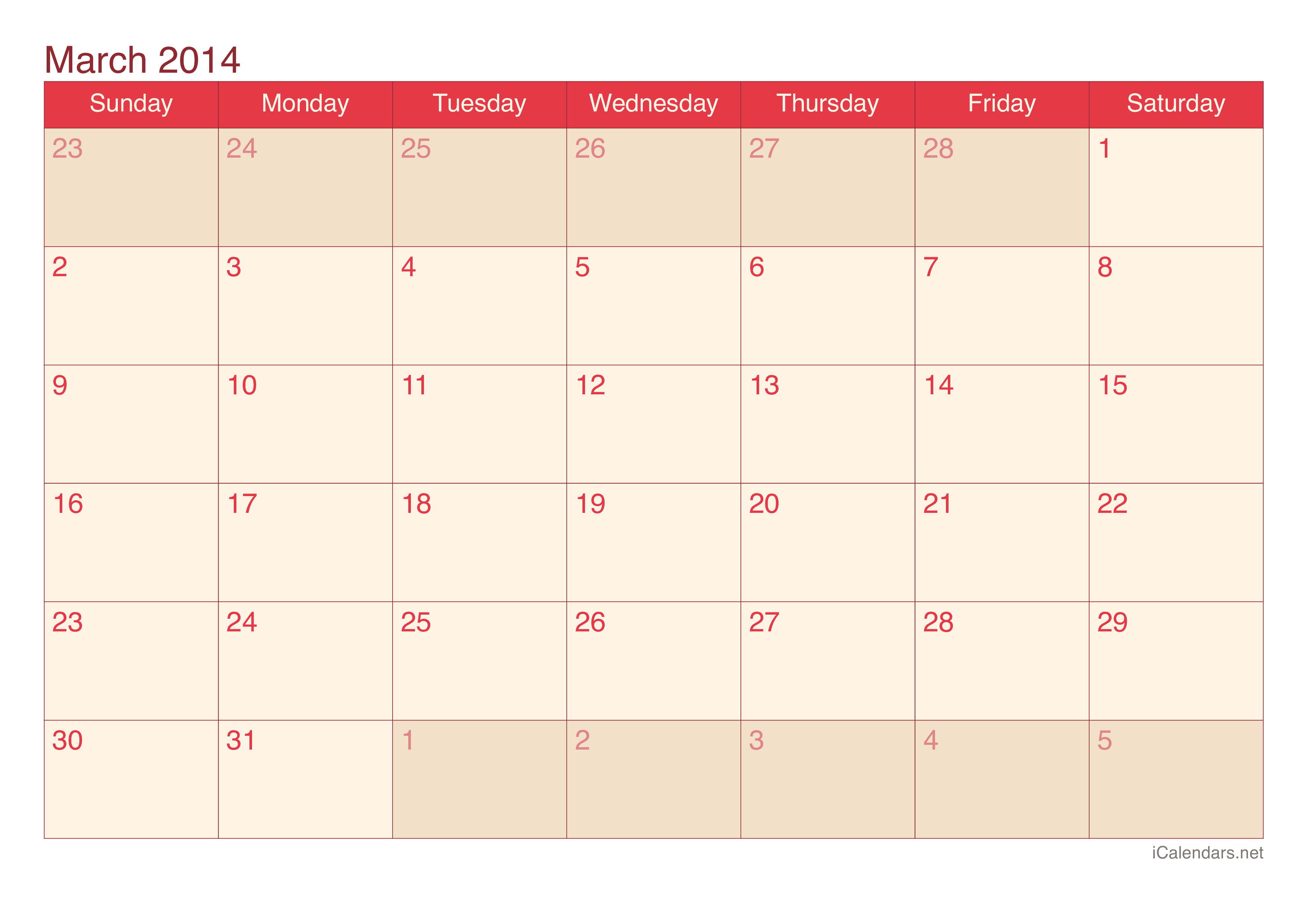 2014 March Calendar - Cherry