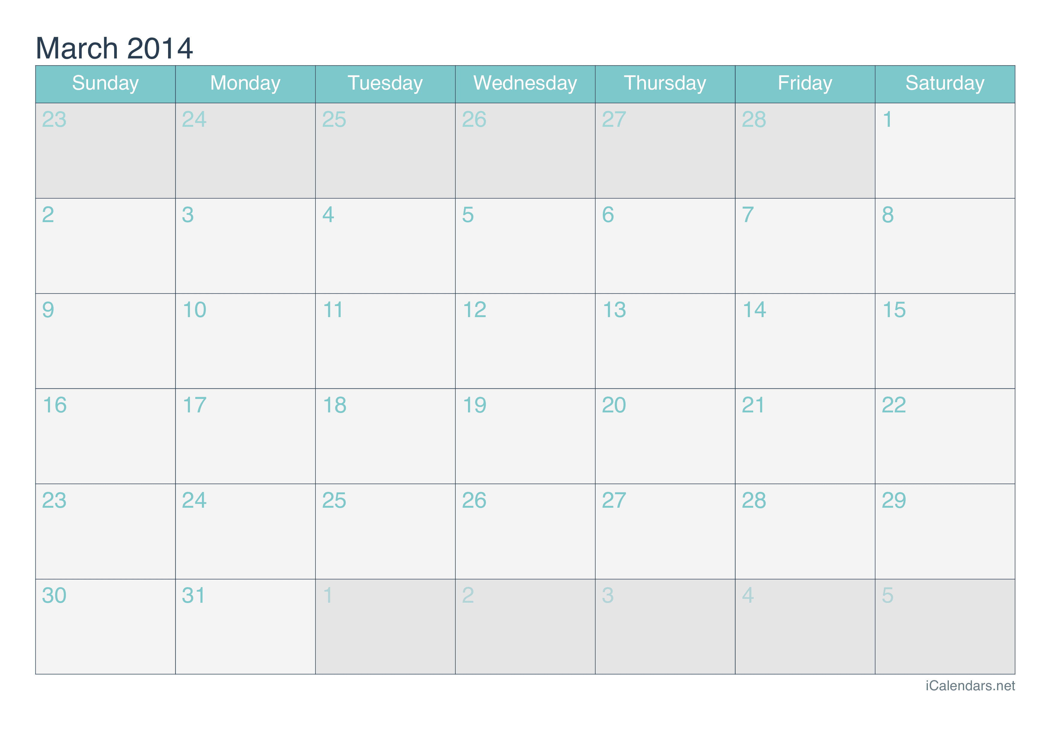2014 March Calendar - Turquoise