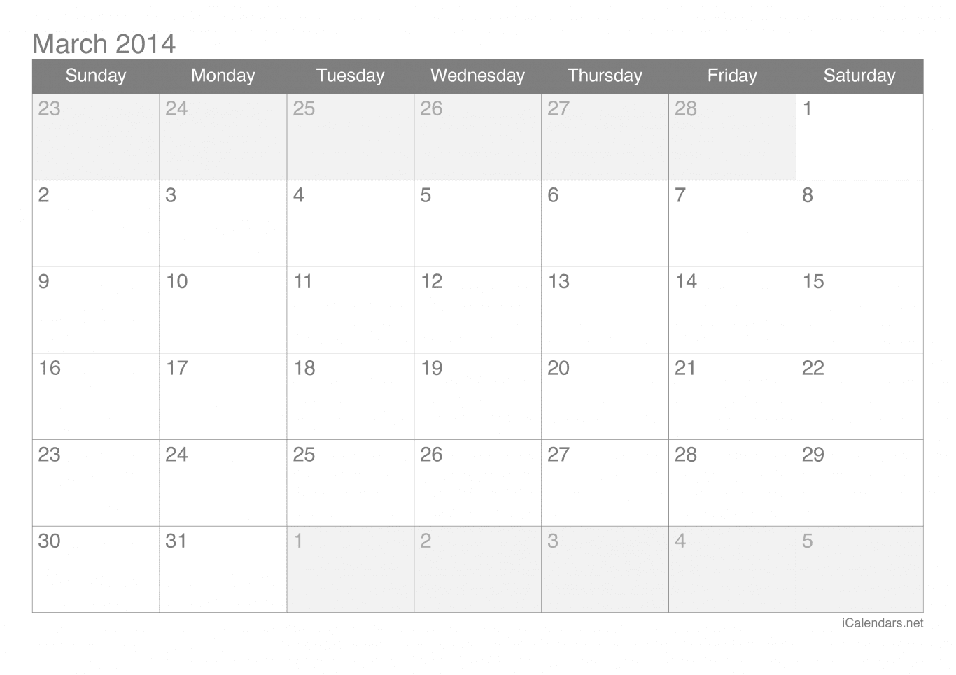 2014 March Calendar