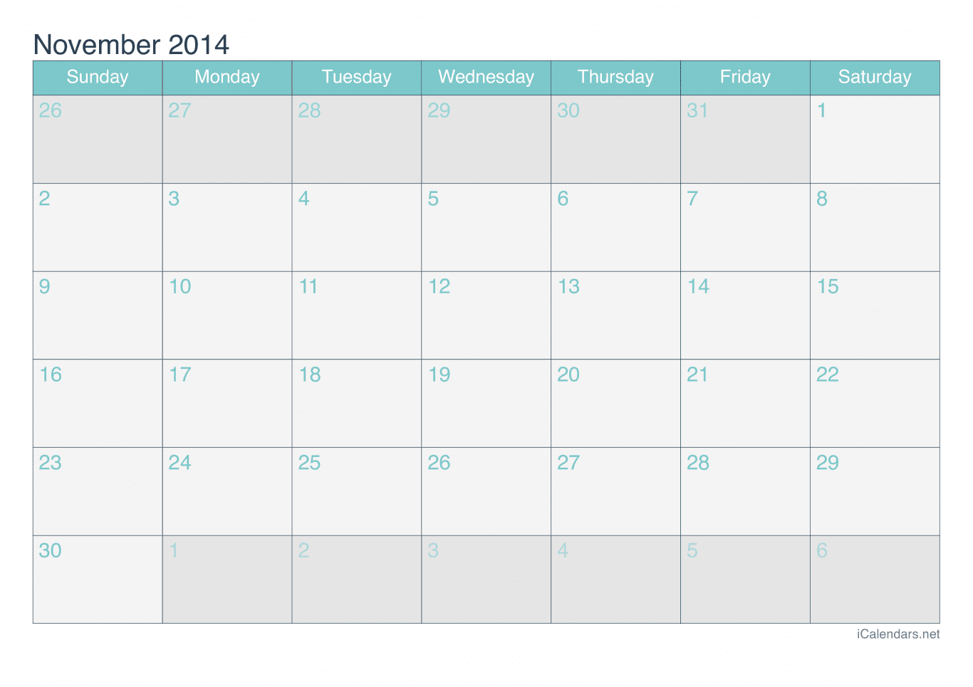 2014 November Calendar - Turquoise