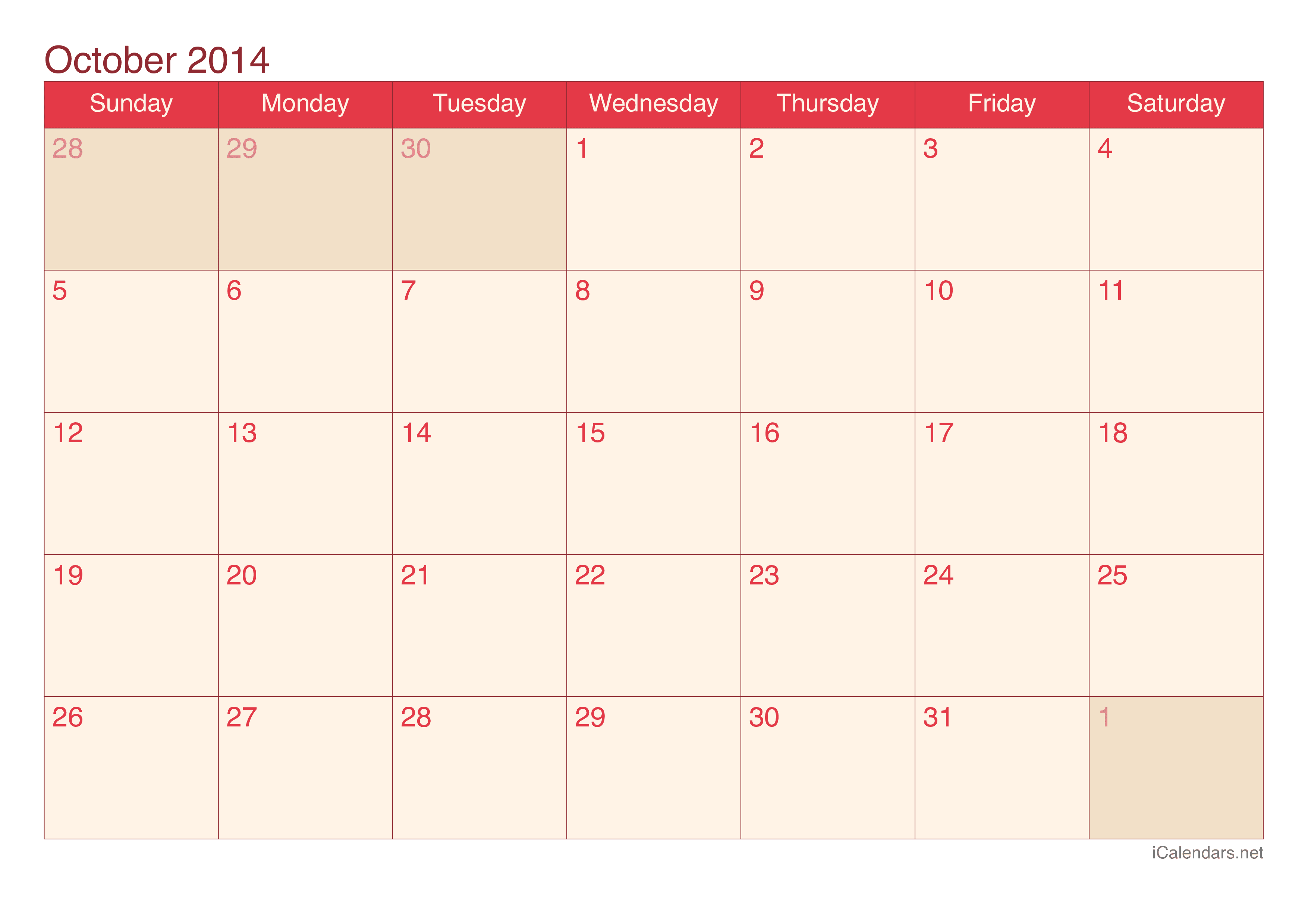 2014 October Calendar - Cherry