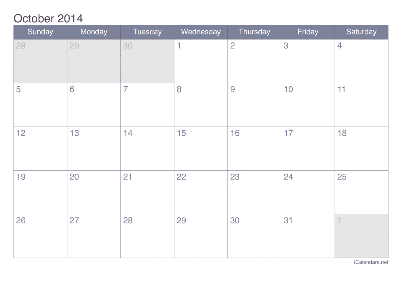 2014 October Calendar - Office