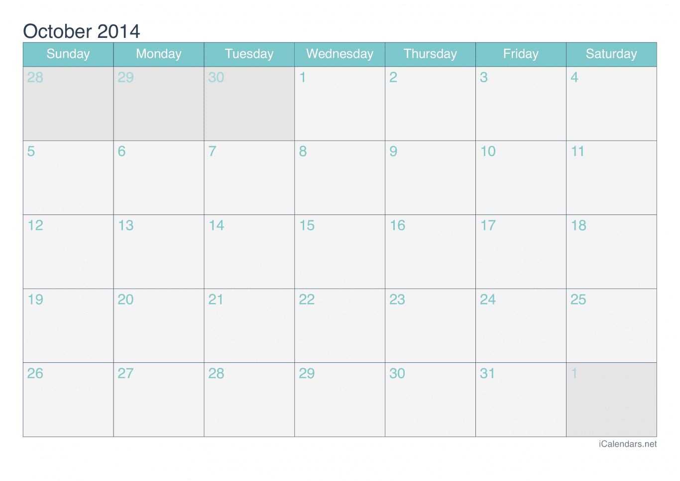 2014 October Calendar - Turquoise