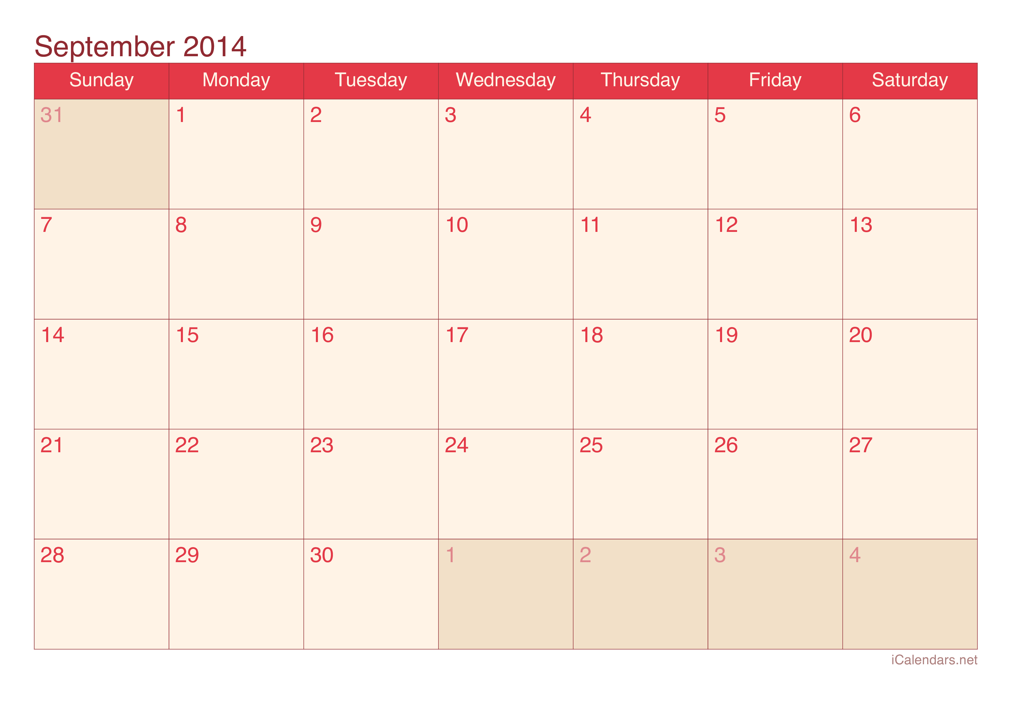 2014 September Calendar - Cherry