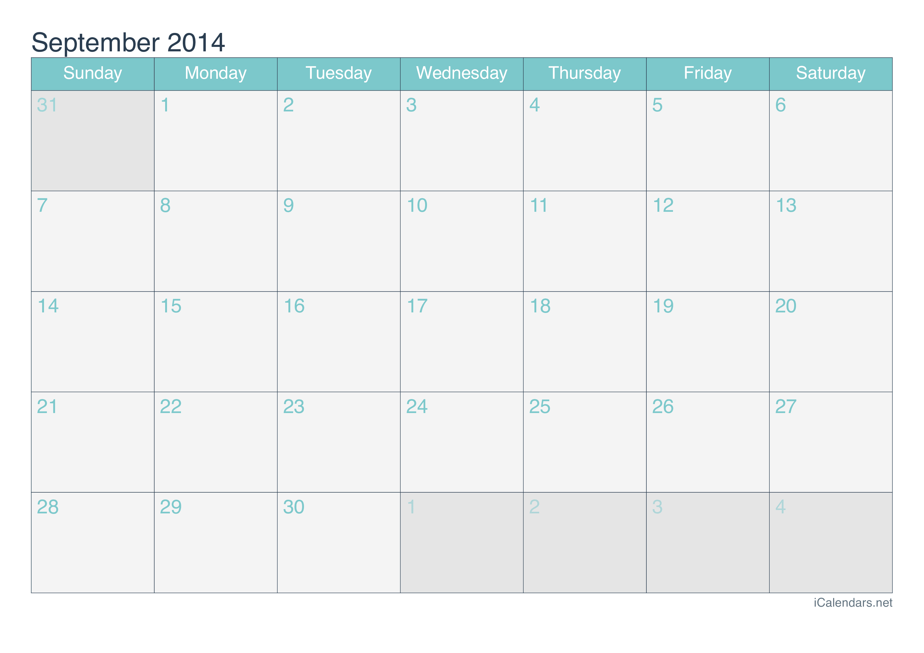 2014 September Calendar - Turquoise