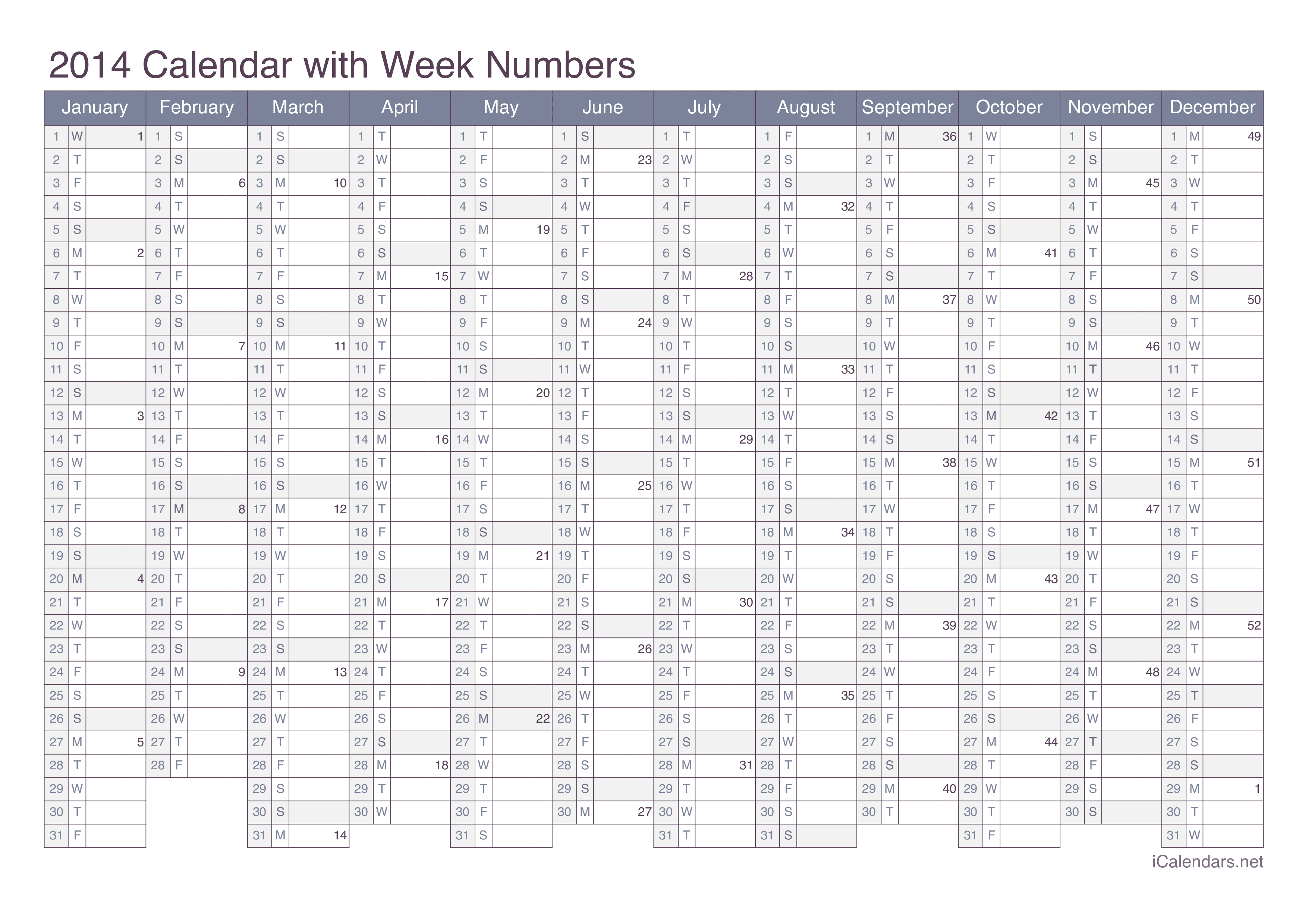 2014 Calendar with week numbers - Office