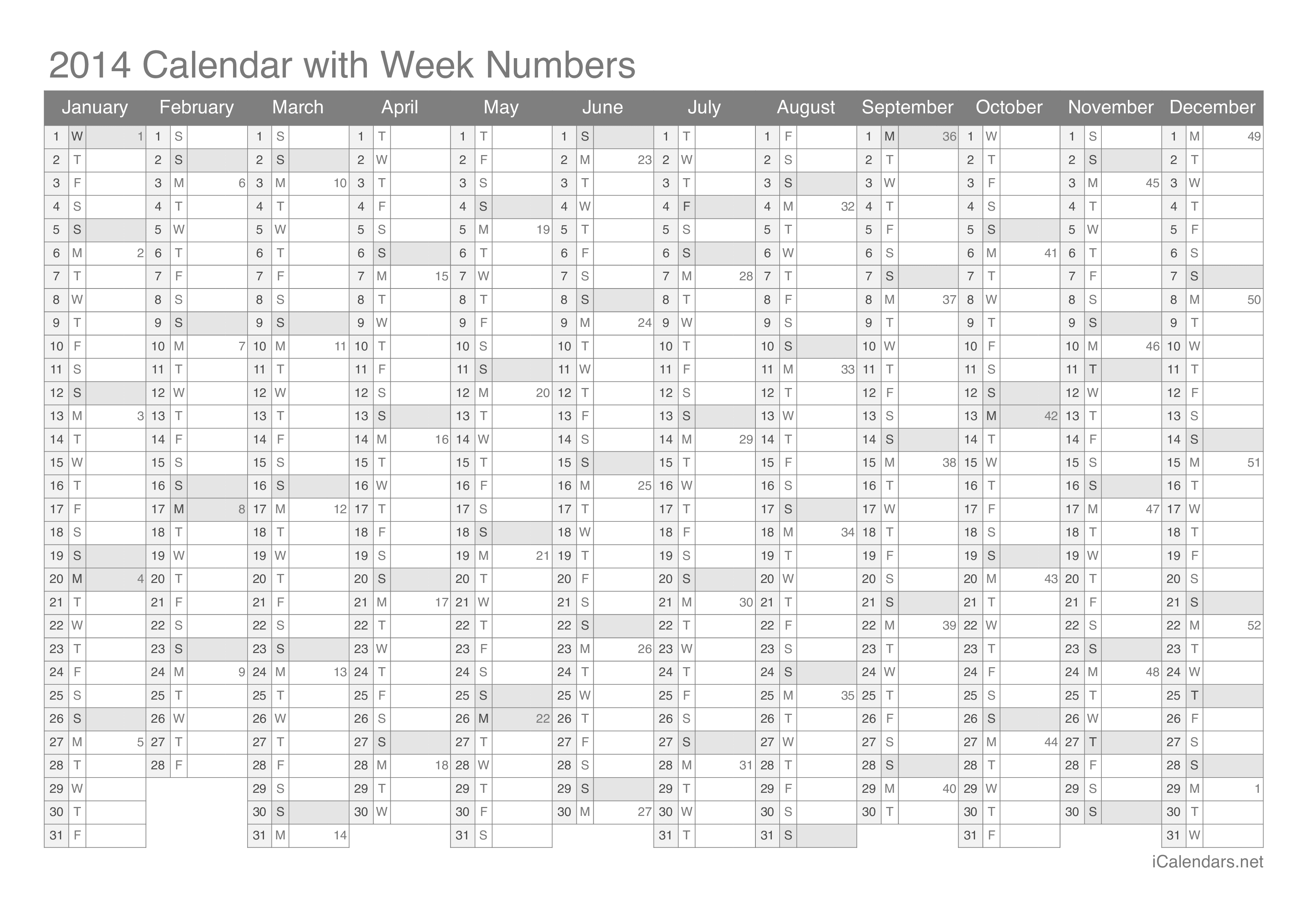 2014 Calendar with week numbers