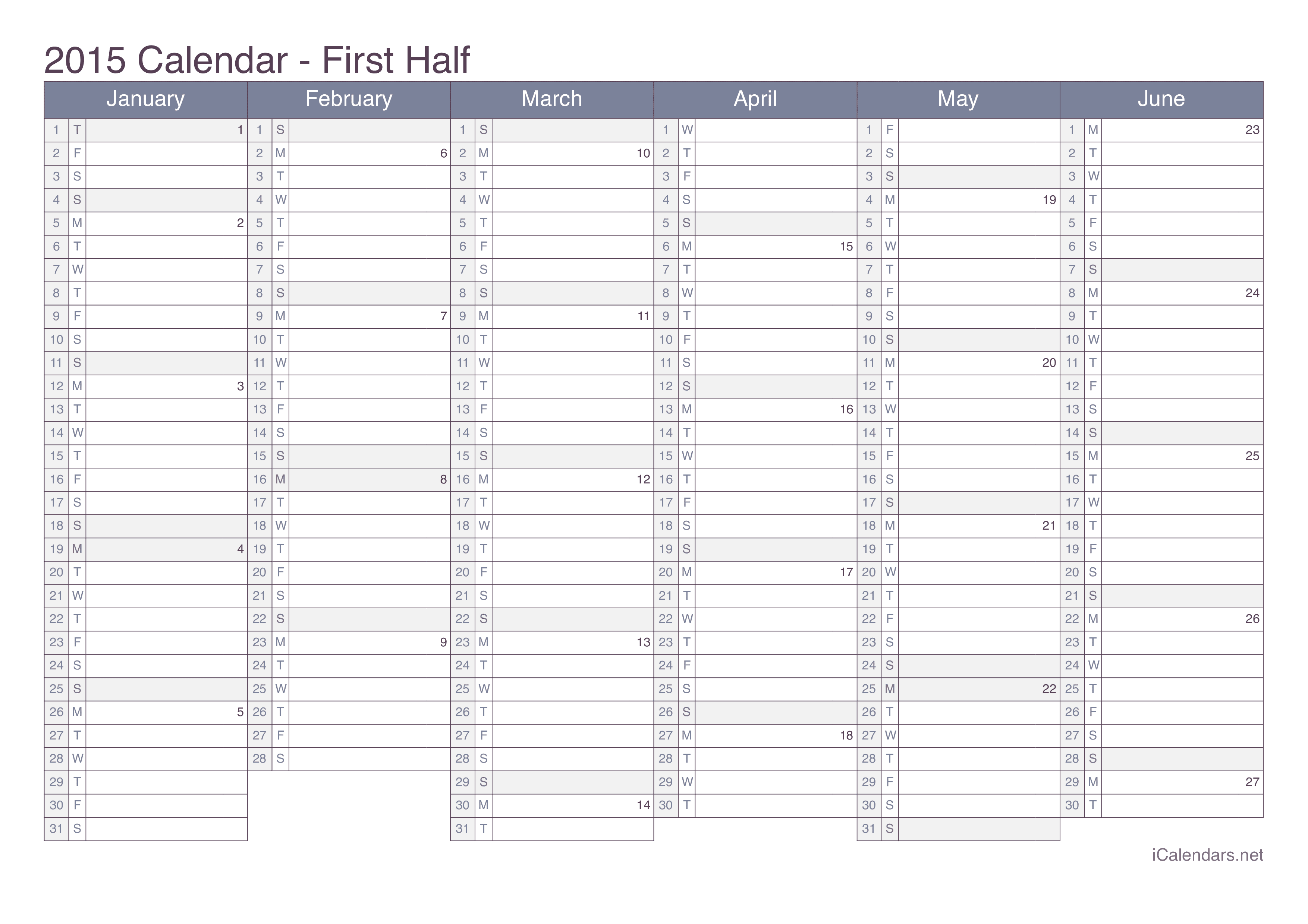 2015 Half year calendar with week numbers - Office